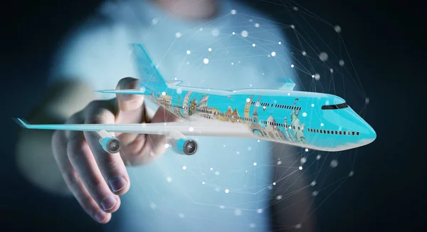 비행기와 세계의 유명한 랜드마크와 사업가 3d 베어 — 스톡 사진