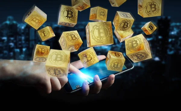 Empresário usando bitcoins criptomoeda 3D renderização — Fotografia de Stock