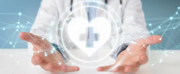 Medico in possesso di battito cardiaco interfaccia digitale rendering 3D — Foto Stock
