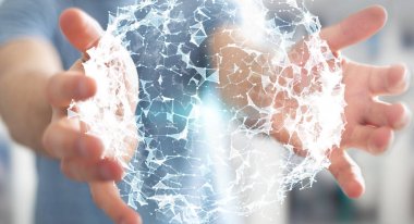Uçan ağ bağlantısı 3d render tutan işadamı
