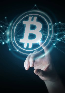 Bitcoins cryptocurrency 3d rendering kullanarak iş kadını
