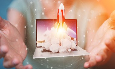 Bir laptop 3d render roket başlatılması ile iş kadını