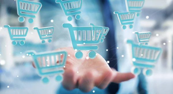 Empresario usando iconos de compras digitales renderizado 3D — Foto de Stock