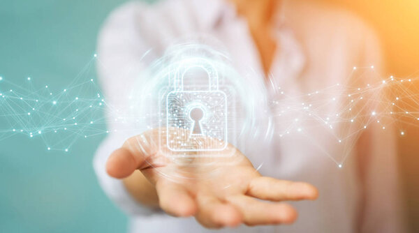 Businesswoman using digital padlock with data protection 3D rend