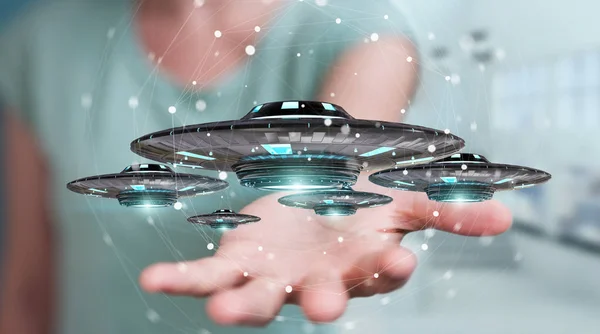 Empresária com retro UFO nave espacial 3D renderização — Fotografia de Stock