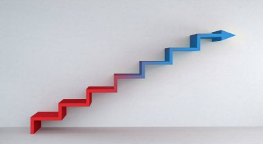 Beton duvar 3d render üzerinde gidiş sona mavi ve kırmızı merdiven ok