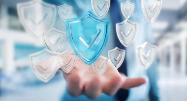 Modern veri kalkan virüsten koruma 3d işlemesini kullanan iş adamı