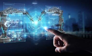 Robotik Kol ile dijital ekran 3d rendering kullanarak iş adamı