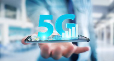 5 g ağ istimal hareket eden telefon 3d render ile işadamı