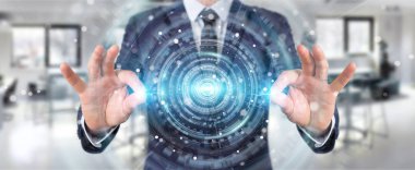 Dijital Ağ Bağlantısı arabirimi 3d render kullanarak iş adamı