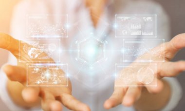 Hologram dat ile dijital ekranlar arabirimini kullanarak iş kadını