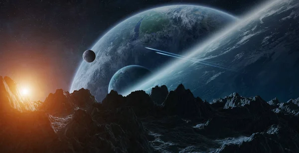 Asteroider som flyger nära planeter 3d rendering delar av detta — Stockfoto