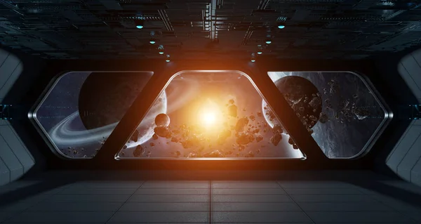 Spaceship futuristic interior with view on exoplanet