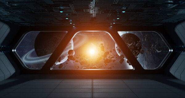 Spaceship futuristic interior with view on exoplanet 3D rendering elements of this image furnished by NASA