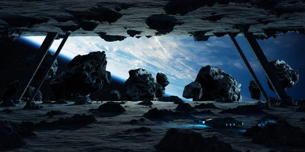 Astronauterna att utforska en asteroid rymdskepp 3d rendering element — Stockfoto