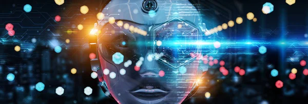 Cyborg head using artificial intelligence to create digital inte — Stock Photo, Image