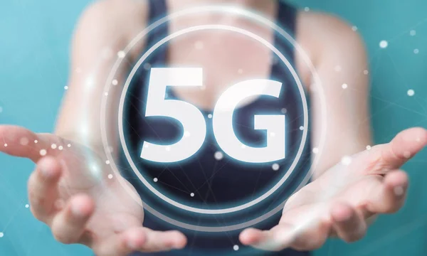 Imprenditrice che utilizza l'interfaccia di rete 5G rendering 3D — Foto Stock