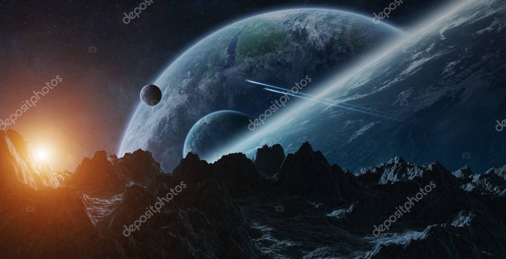 Dark asteroids flying close to planets in space 3D rendering elements of this image furnished by NASA