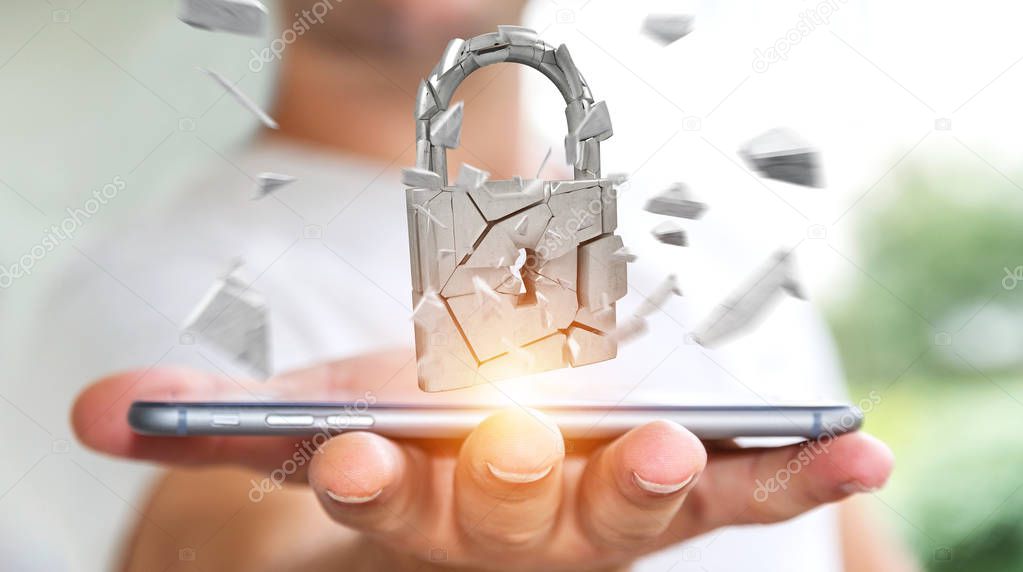 Businessman hacking in broken padlock security 3D rendering