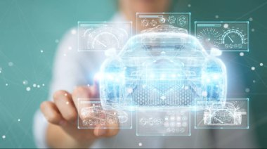 Modern akıllı araç arabirimi 3d işlemesini kullanan iş kadını