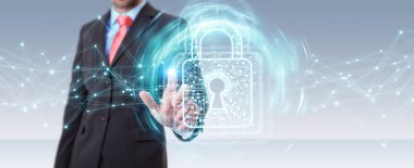 İşadamı dijital asma kilit veri koruma 3d render ile kullanma