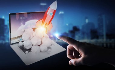 Bir laptop 3d render roket başlatılması ile iş adamı