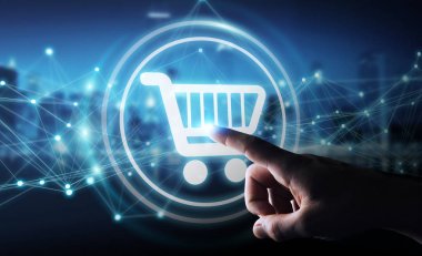 Dijital alışveriş simgeleri kullanarak bağlantıları 3d ren ile işadamı
