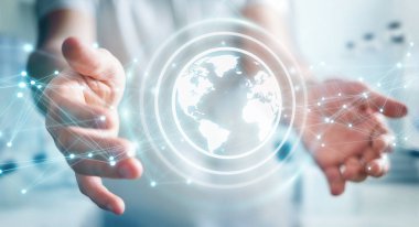 Planet earth ağ küre 3d işlemesini kullanan iş adamı