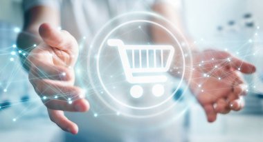 Dijital alışveriş simgeleri kullanarak bağlantıları 3d ren ile işadamı