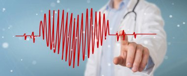 Kalp atışı dijital arabirimi 3d render tutan doktor