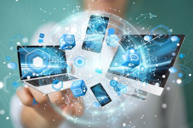 Teknik cihazlar işkadını 3d renderi ile birbirine bağlı