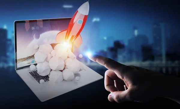 Empresário com lançamento de foguetes a partir de um laptop 3D renderização — Fotografia de Stock