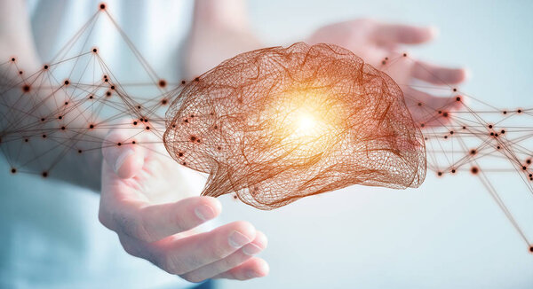 Бизнесмен, использующий цифровой рентгеновский интерфейс человеческого мозга 3D рендери
