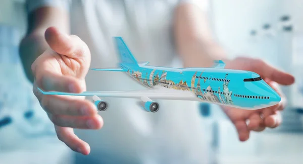Empresario con avión y famosos hitos del mundo 3D rend — Foto de Stock
