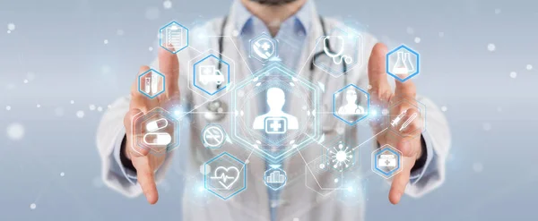 Dokter menggunakan digital medical futuristic interface 3D rendering — Stok Foto