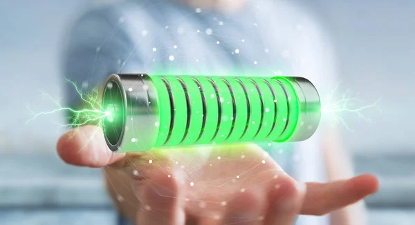 Empresario usando batería verde con renderizado 3D de relámpagos — Foto de Stock