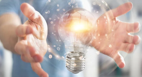 Zakenman moderne lightbulbs aansluiten met de 3D-ren verbindingen — Stockfoto