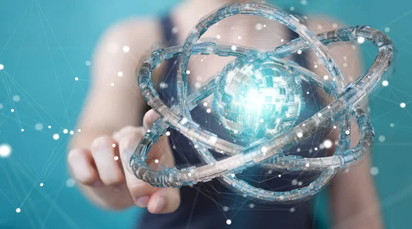 Businesswoman using futuristic torus textured object 3D renderin — Stock Photo, Image