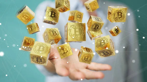 Femme d'affaires utilisant Bitcoins crypto-monnaie rendu 3D — Photo