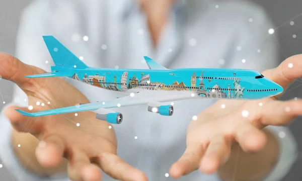 Бізнесмен з літаком і відомими пам'ятками світу 3D render — стокове фото