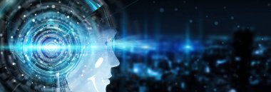 Cyborg head using artificial intelligence to create digital inte