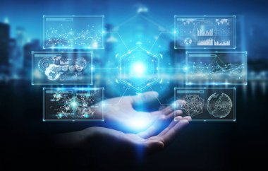 Hologram dat ile dijital ekranlar arabirimini kullanarak iş kadını
