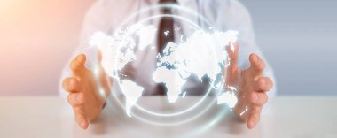 Dijital dünya harita arabirimi 3d işlemesini kullanan iş adamı