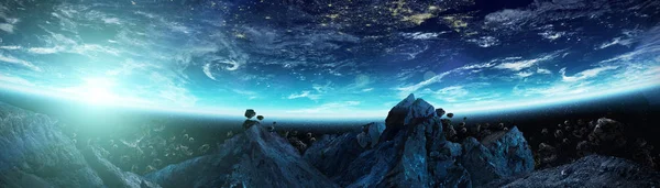 Panoramic view of planet Earth with asteroids flying close 3D re — Stock Photo, Image