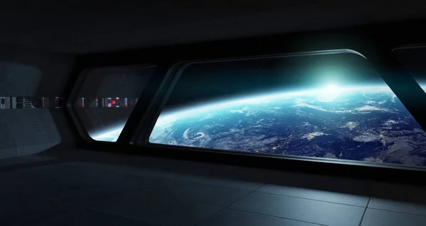Navire spatial intérieur futuriste avec vue sur la planète Terre — Photo
