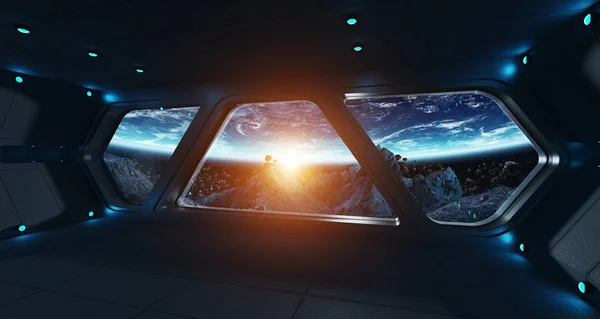 Nave espacial interior futurista com vista para o planeta Terra — Fotografia de Stock