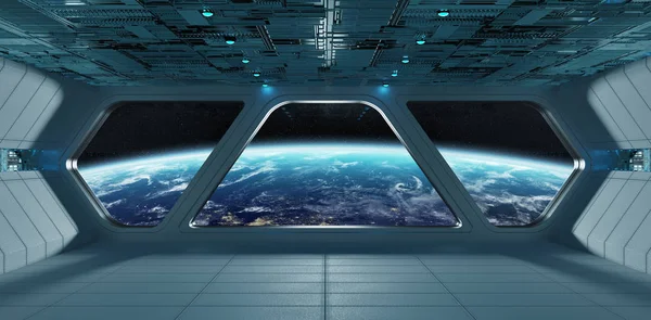 Nave espacial futurista cinza interior azul com vista para o planeta Eart — Fotografia de Stock