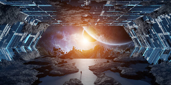 Huge blueish asteroid spaceship interior 3D rendering elements of this image furnished by NASA