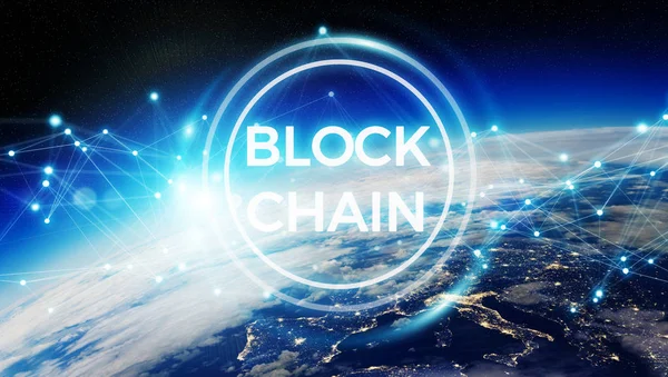 Blockchain auf dem Planeten Erde 3D-Rendering — Stockfoto