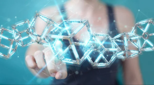 Бизнесвумен, использующая цифровой синий Blockchain 3D рендеринг — стоковое фото